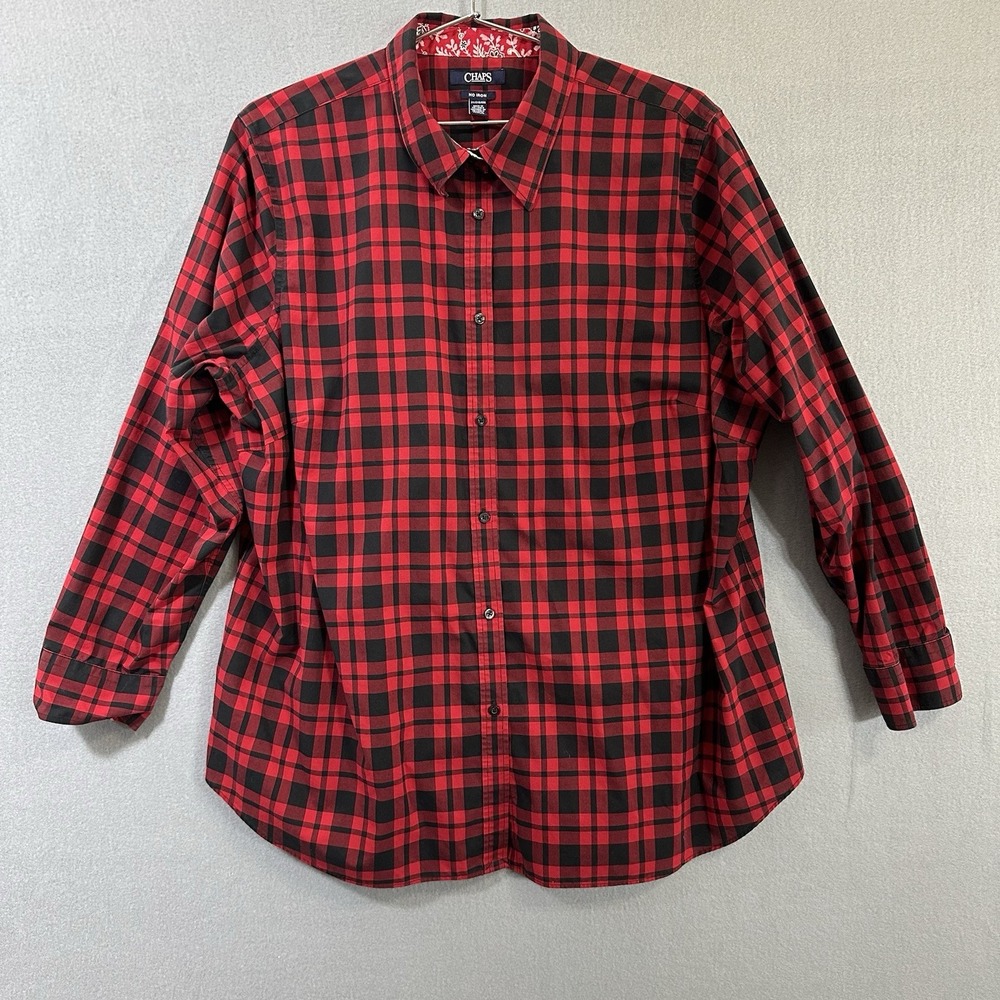 Chaps No Iron Shirt Women's 2X Red Buffalo Check Button Up Contrast Trim
